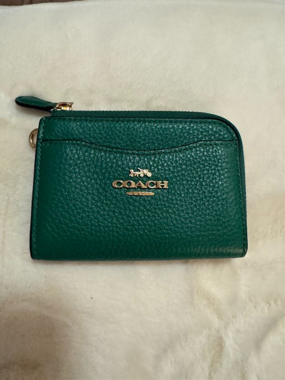 Coach Green Crossgrain Leather L-Zip Card Case Keychain Wallet C8376